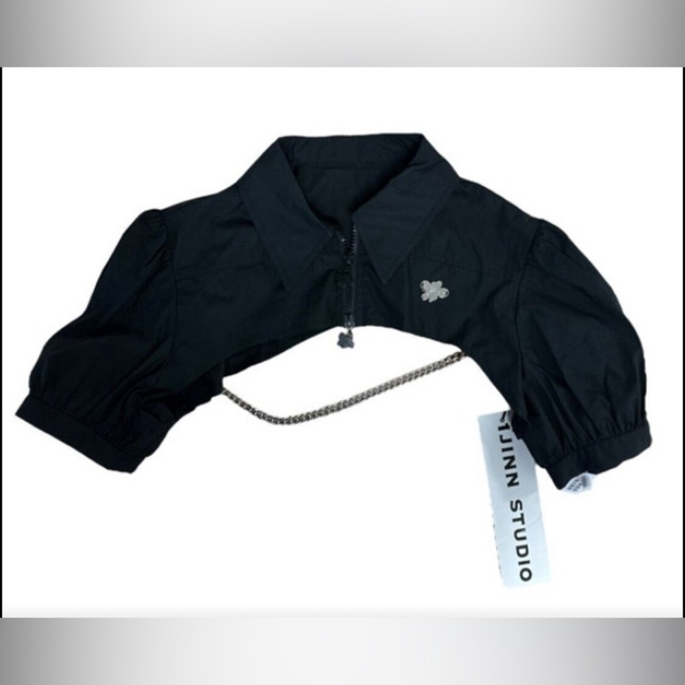 NEW Jinn Studio Women's Crop Bolero Jacket w/Zip & Chain Short Sleeve, Sz XS-S